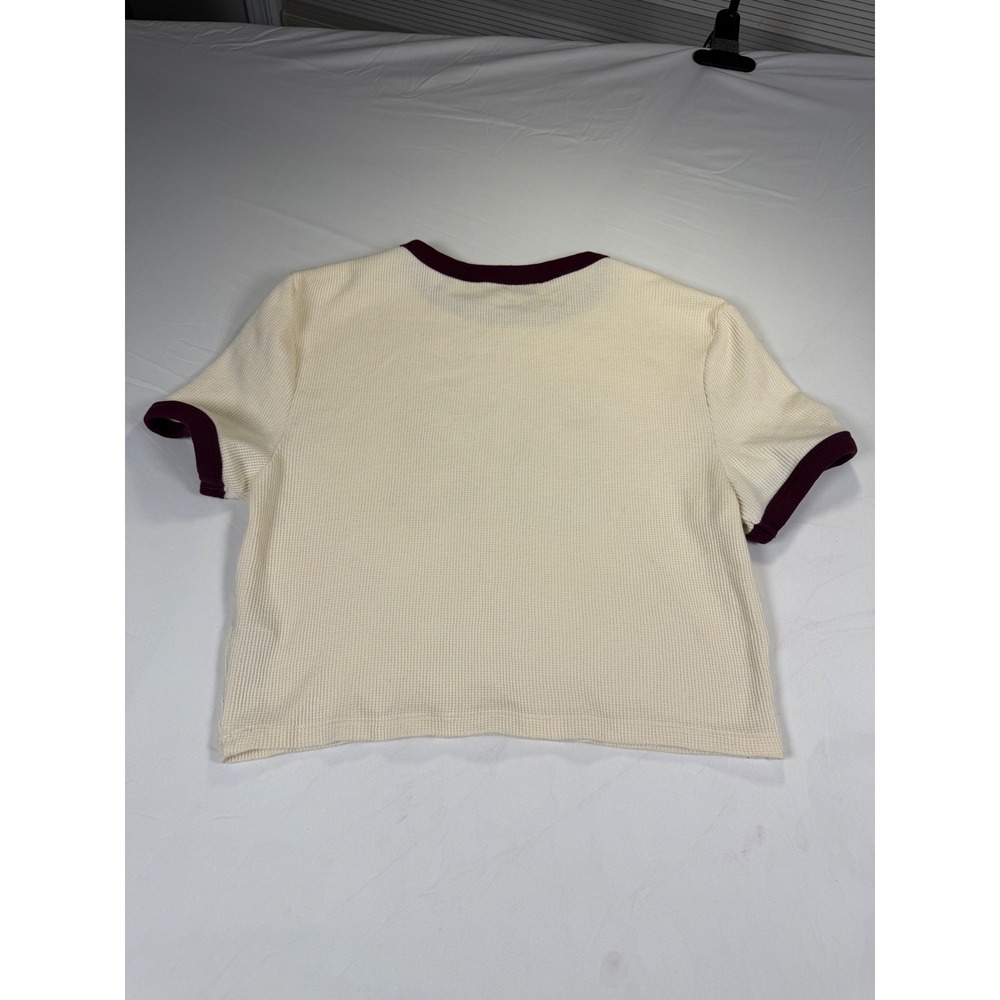 Primark Womens Waffle Knit Ringer T-Shirt Cream Burgundy 89 Graphic Crop Top L - Picture 2 of 4